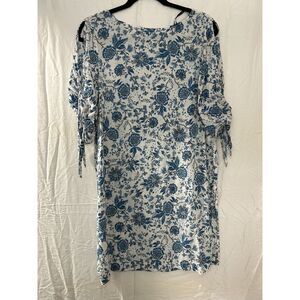 H&M Blue Floral Shirt Dress with Cold‎ Shoulder Tie Sleeves